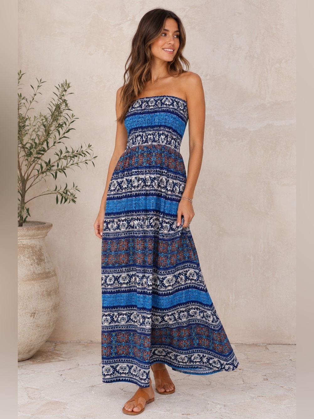 RAGA Addalynn Strapless Smocked Maxi Dress Blue Copper Boho XS NWT